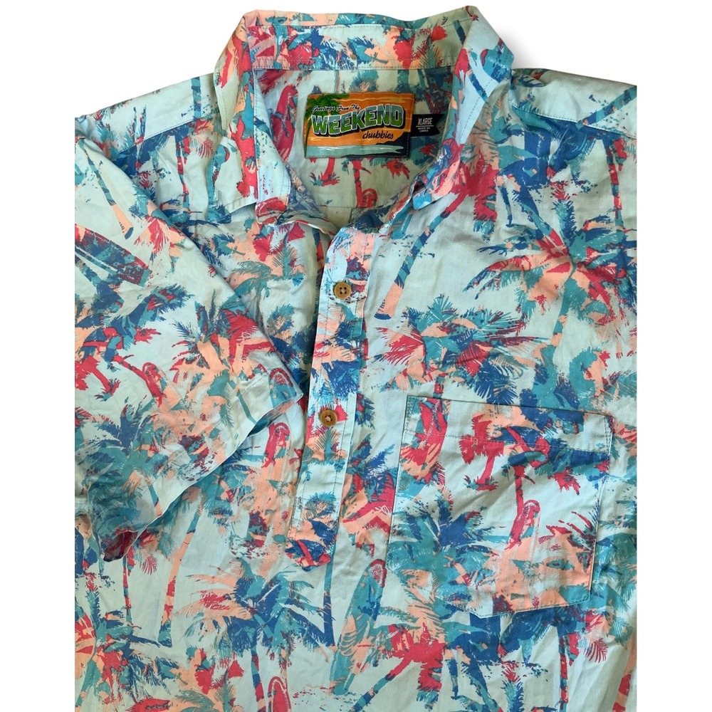 Chubbies Greetings From The Weekend Mens XL Tropical Palm Tree Henley Shirt Blue